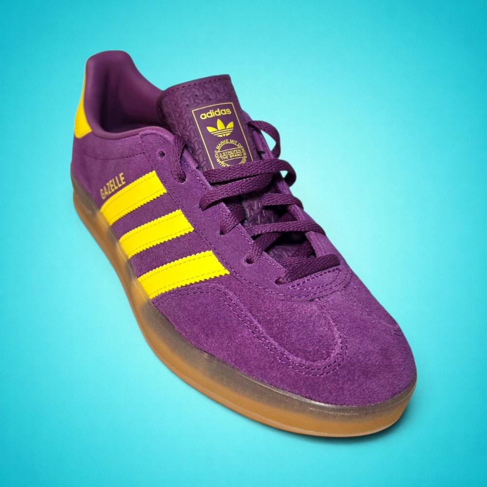 New Women's Adidas Purple & Yellow Gazelle Indoor Shoes, size 8.5